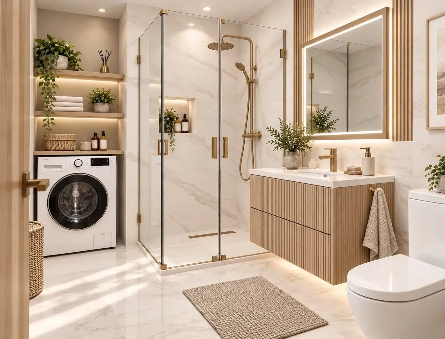 Modern bathroom equipped with a walk-in shower, vanity, and washing machine.