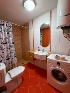 Bathroom with a shower cabin, washbasin, toilet, and washing machine. - image 9