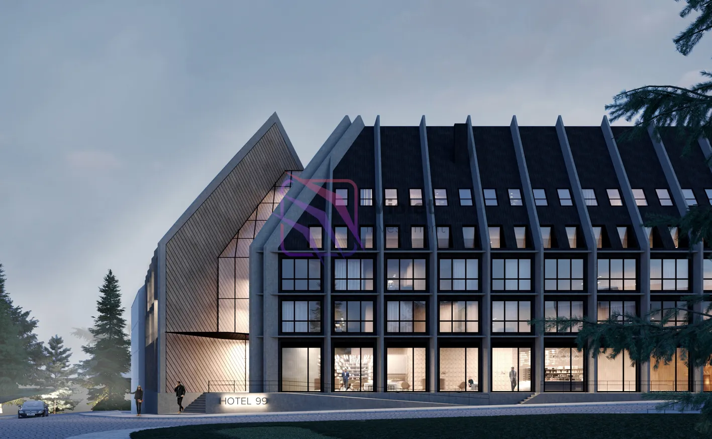 Spoljašnji izgled moderne hotelske zgrade sa velikim staklenim površinama.