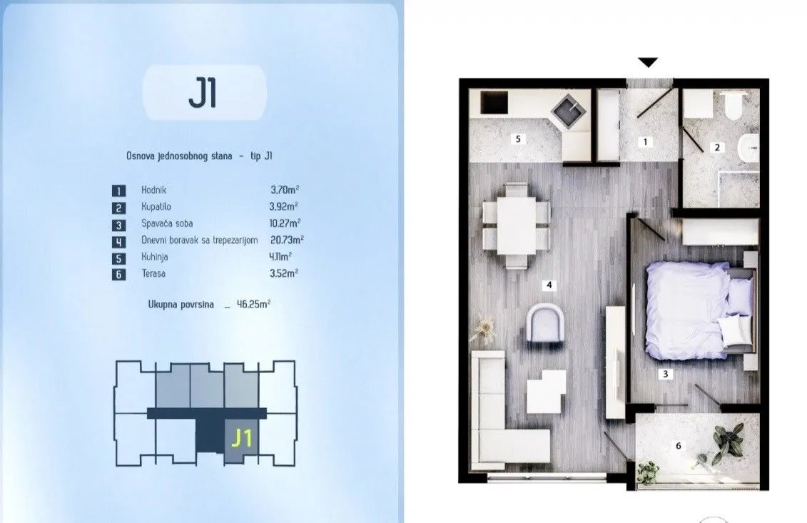 Prodaja, jednosoban stan, 46m², Zabjelo, Podgorica