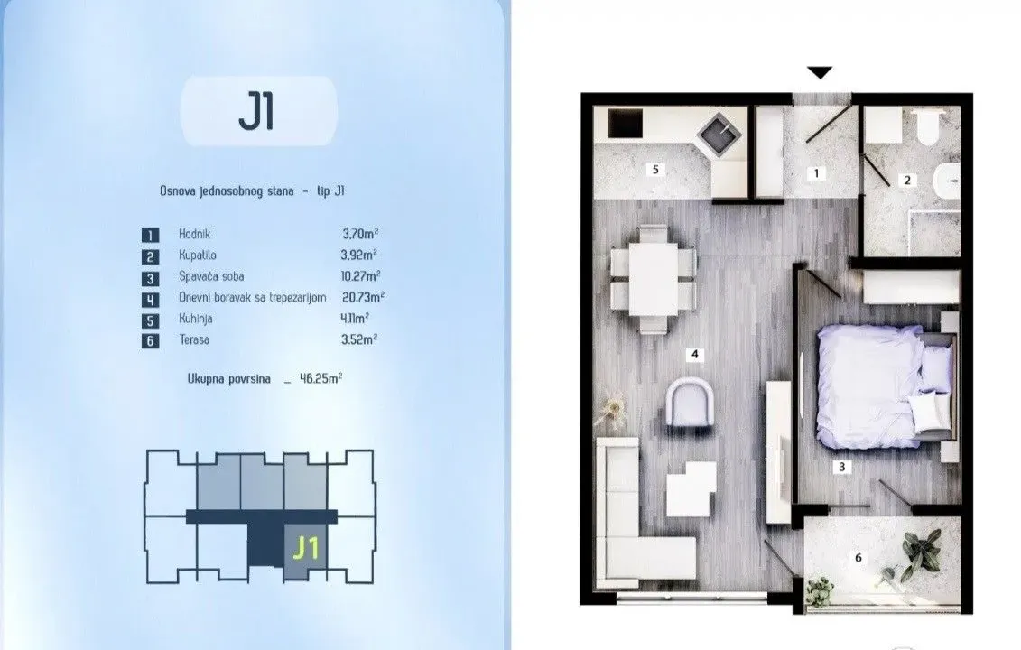 Sale, one bedroom apartment, 46m², Zabjelo, Podgorica