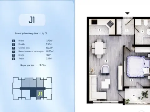 Prodaja, jednosoban stan, 46m², Zabjelo, Podgorica - image 1