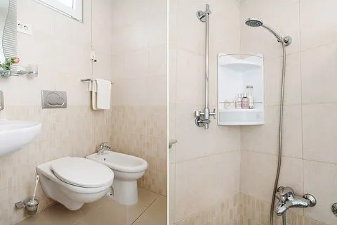 Pogled na kupatilo sa sanitarijama i tuš kabinom.