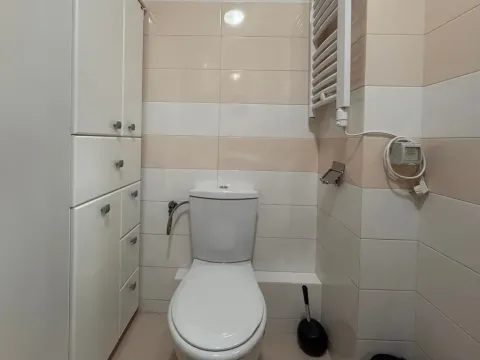Small bathroom with a white toilet, built-in cabinet, and beige and white ceramic tiles. - image 9