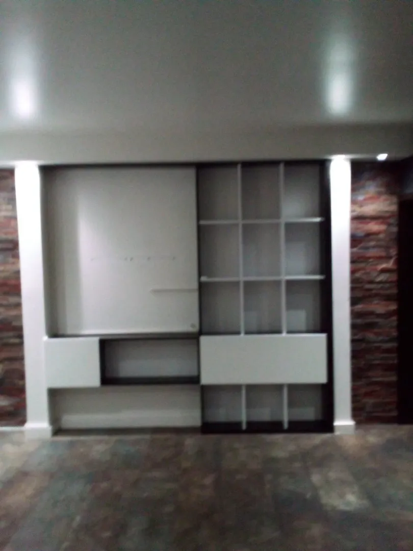 Built-in shelving unit and TV space in an empty room.