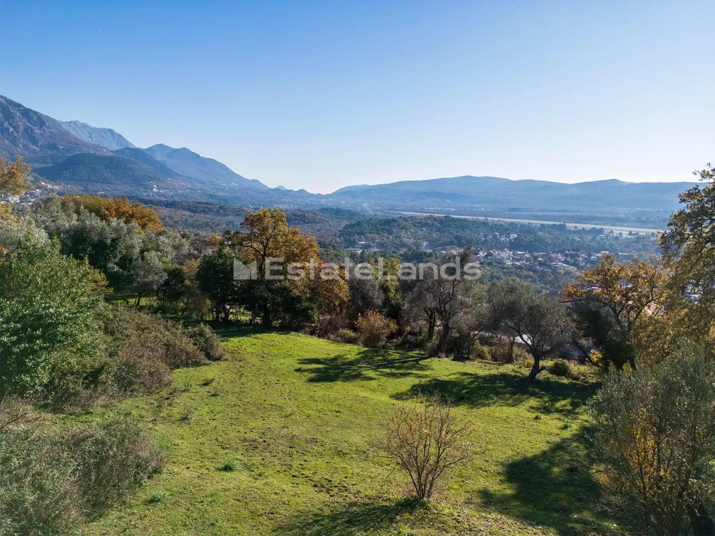 Pogled sa placa na okolnu prirodu, drveće i planine u daljini.