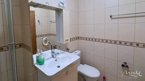 Manje kupatilo sa umivaonikom, ogledalom i toaletom obloženo svijetlim pločicama. - image 16