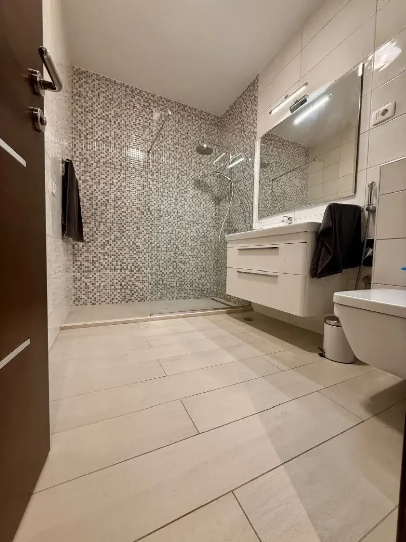 Modern bathroom with walk-in shower, washbasin, and toilet.