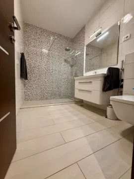 Modern bathroom with walk-in shower, washbasin, and toilet. - image 8