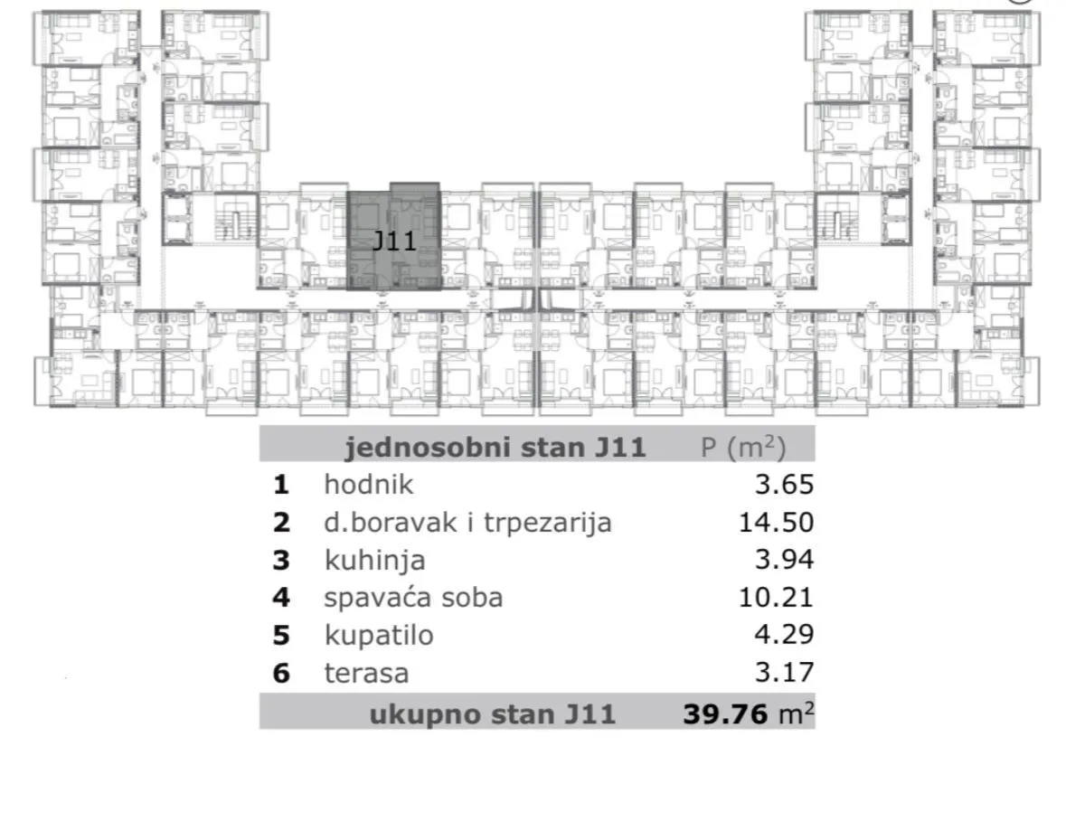 Osnova jednosobnog stana sa spiskom prostorija i kvadraturom.