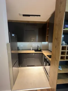 Modern and fully equipped kitchen with dark cabinets and wooden details. - image 3
