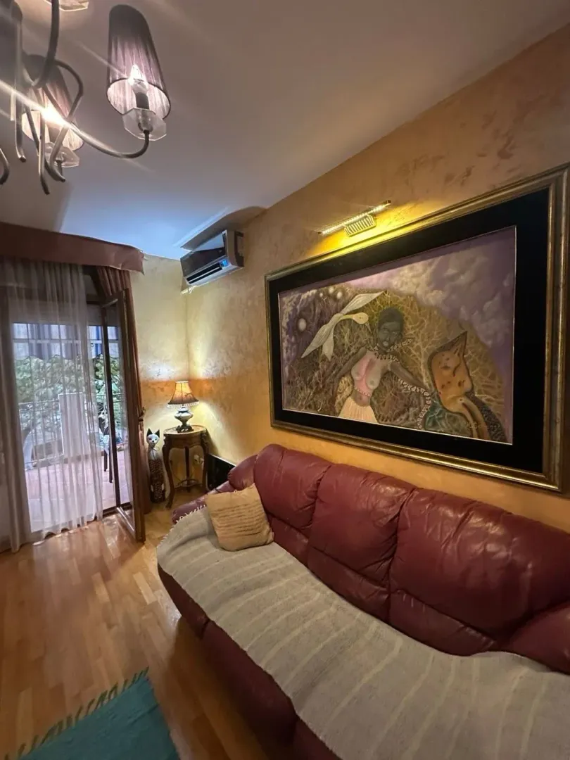 Udobna dnevna soba sa kožnim kaučem, umjetničkom slikom i izlazom na balkon.