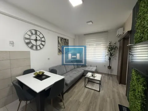 Living room with a sofa, dining table, and decorative wall. - image 3