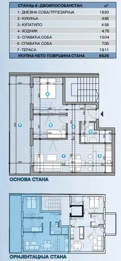 Osnova stana sa prikazom rasporeda prostorija i kvadraturom.