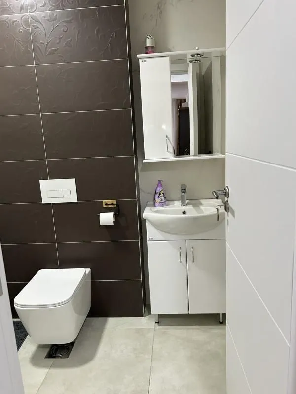 Kupatilo opremljeno umivaonikom, ormarićem sa ogledalom i toalet šoljom.