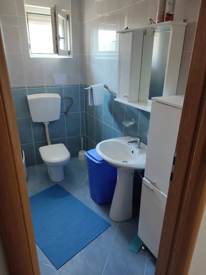 Svijetlo kupatilo sa plavim pločicama, lavaboom i toaletom.