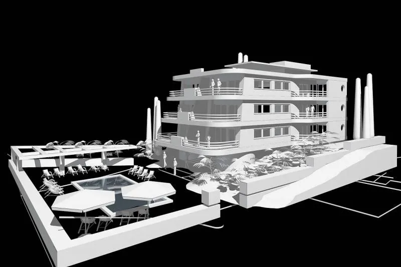 3D prikaz stambene zgrade sa bazenom i dvorištem.