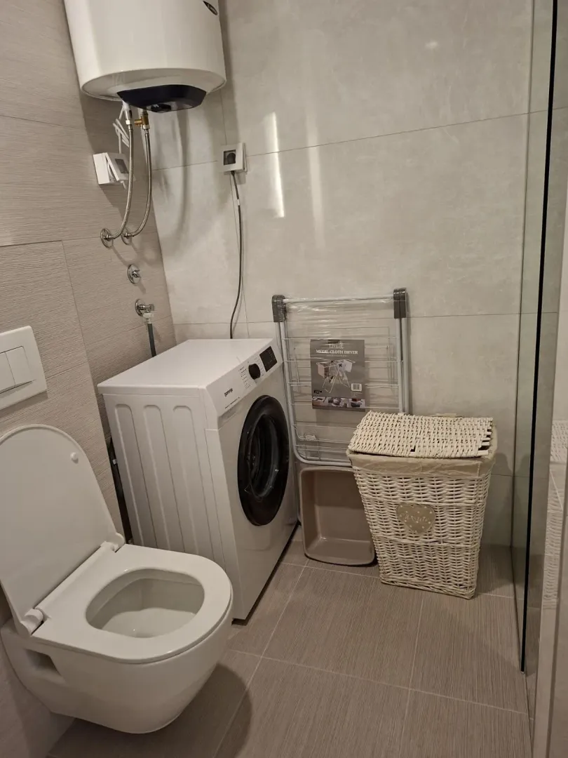 A bathroom featuring a toilet, washing machine, and water heater.