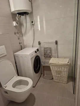 A bathroom featuring a toilet, washing machine, and water heater. - image 9