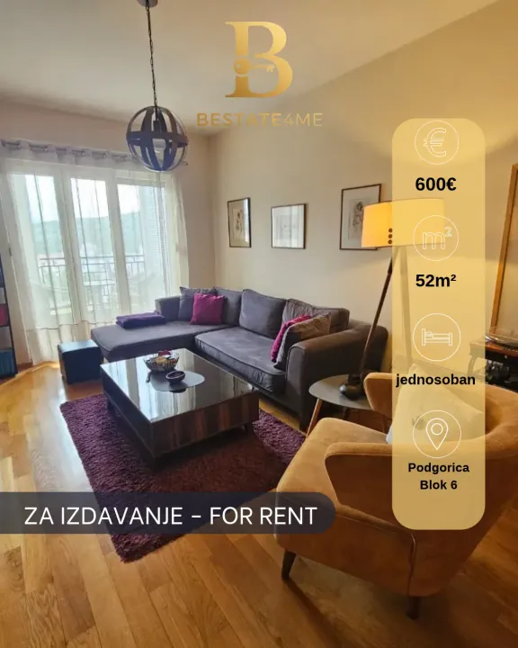 Rent, one bedroom apartment, 52m², Blok 6, Podgorica