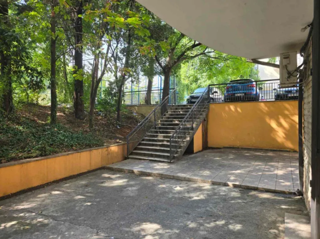 Exterior part of the building with stairs and yard.