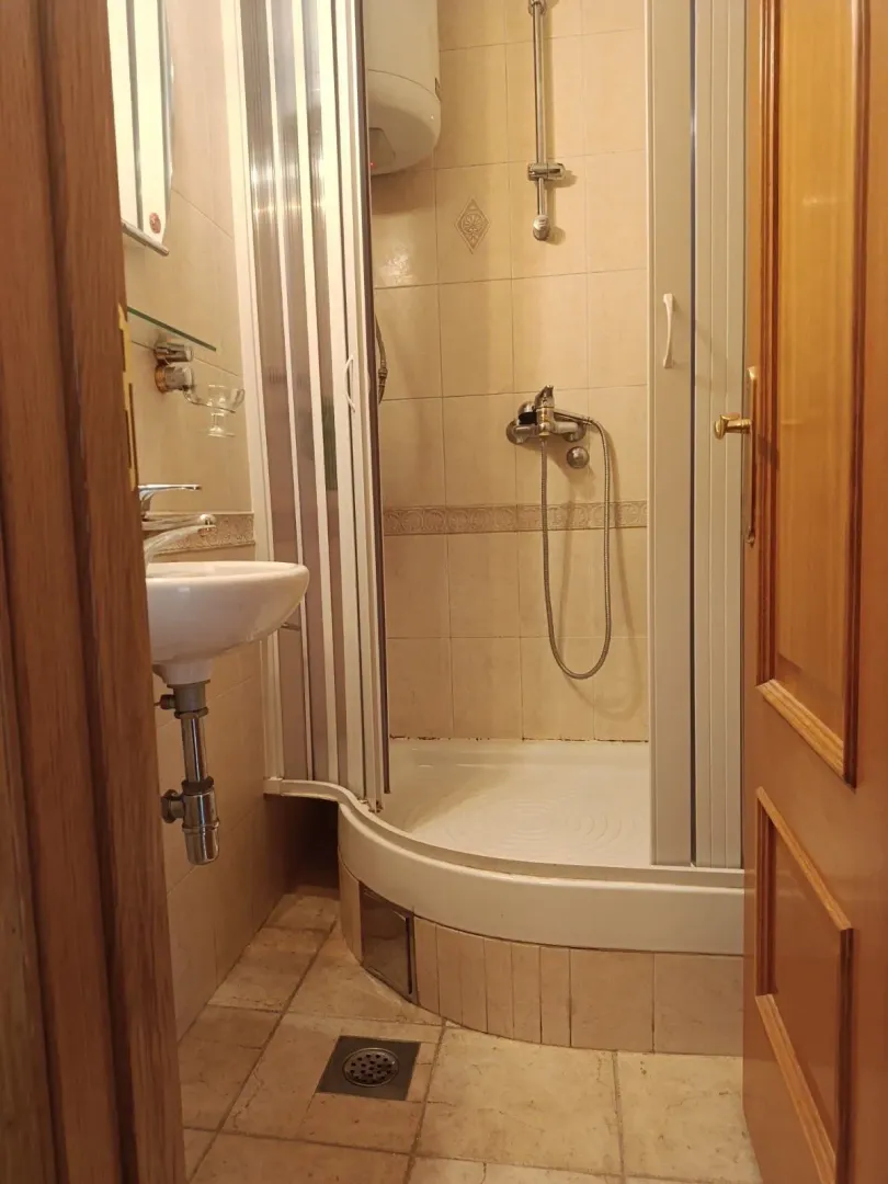 Small bathroom with a shower cabin and a washbasin.