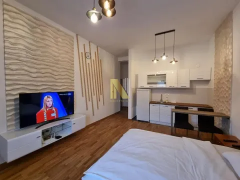 Nameštena spavaća soba sa bračnim krevetom, televizorom i kuhinjskim delom. - image 6