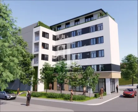 Spoljašnji izgled moderne višespratne stambene zgrade sa uređenim trotoarom i drvećem. - image 3