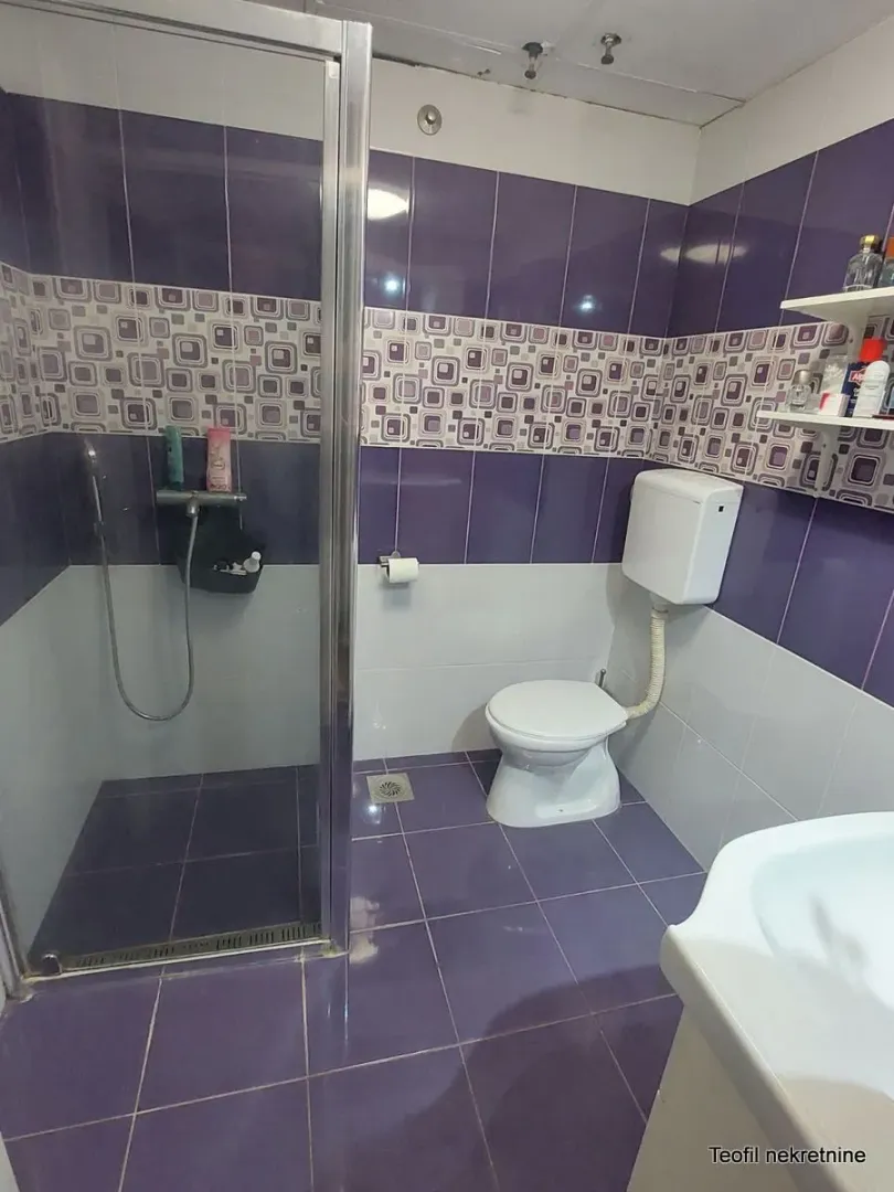 Kupatilo sa tuš kabinom, WC šoljom i umivaonikom.