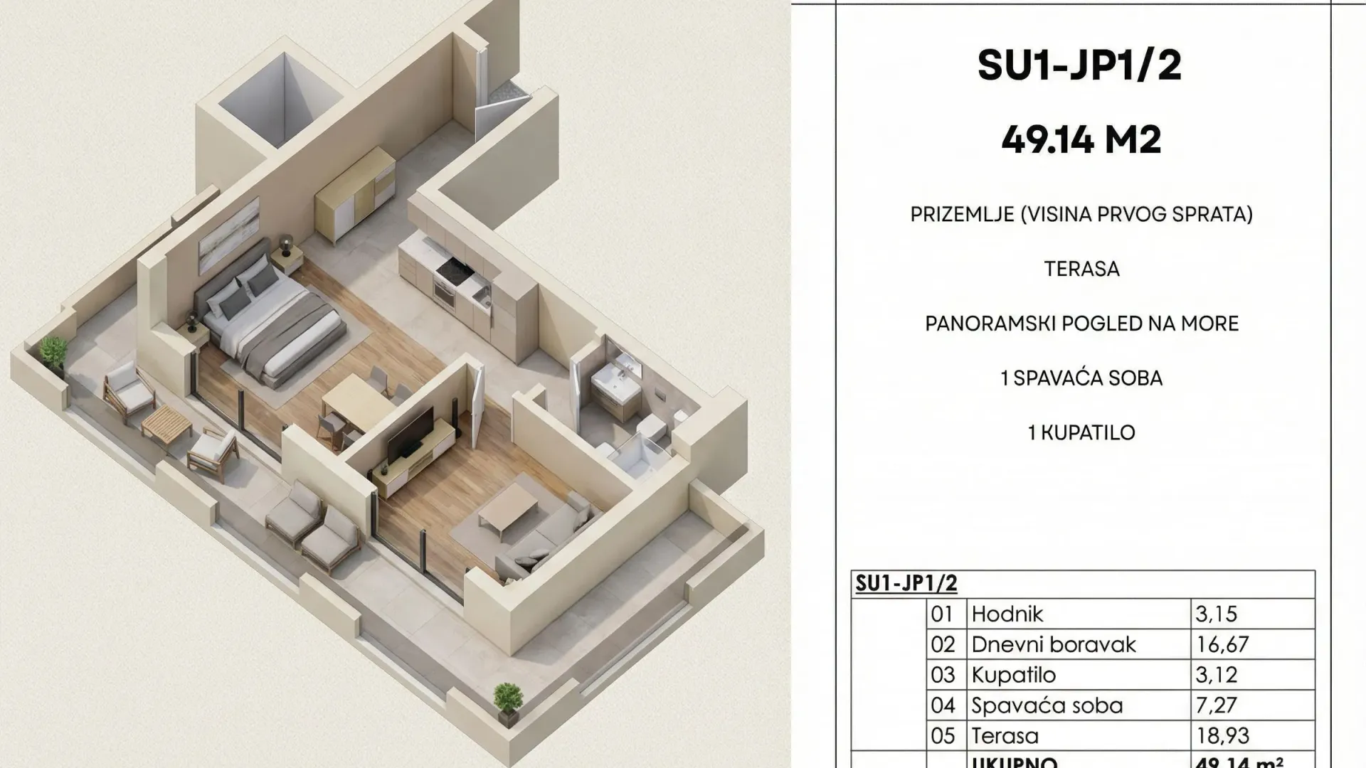 Sale, one bedroom apartment, 49m², Dubovica, Budva